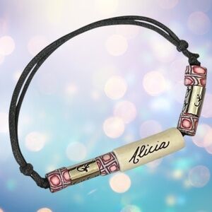 ALICIA Name Bracelet Artisan Ceramic Beads Gecko Black Cord Handcrafted